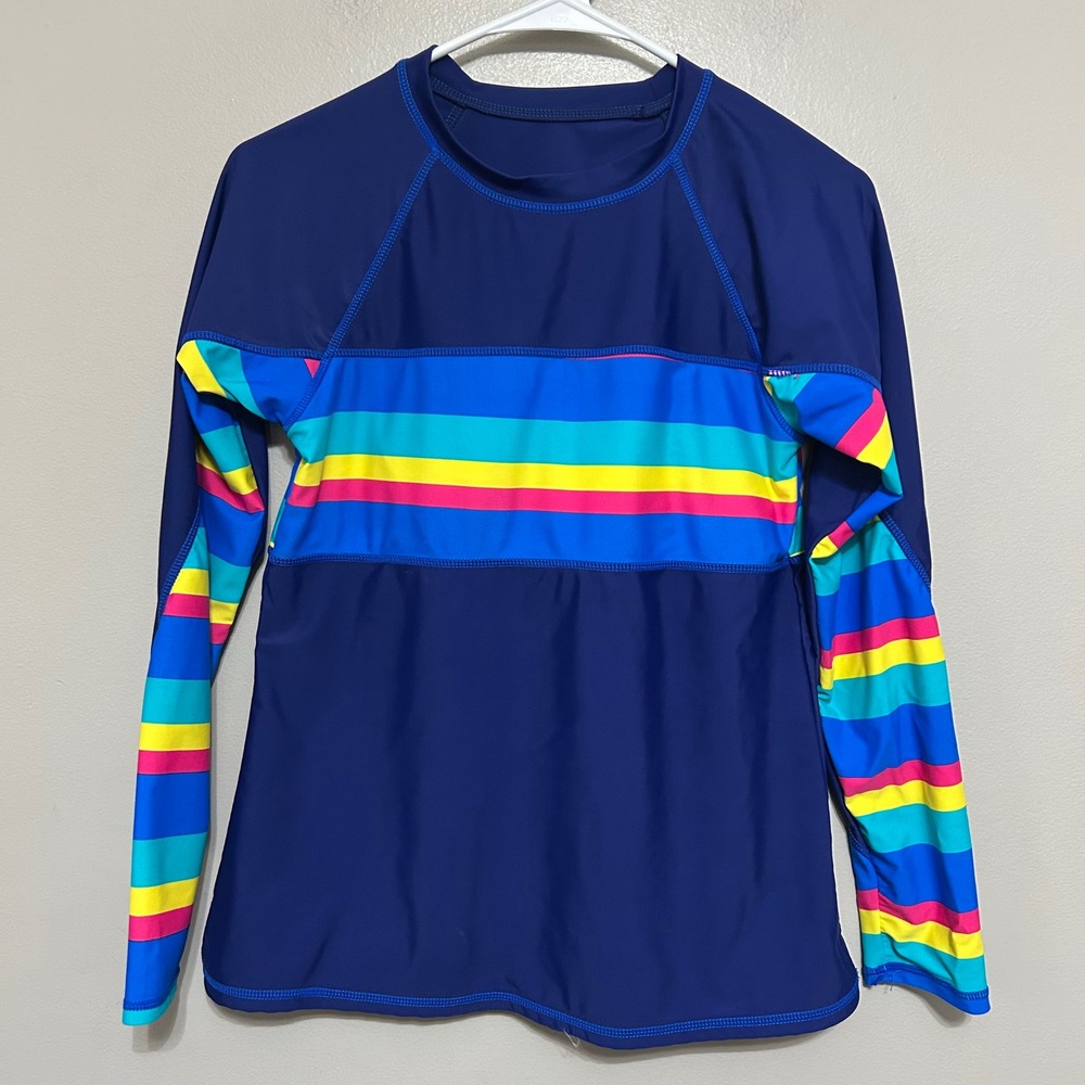 Girl Rash Guard Shirt Navy Blue Rainbow Stripe Long Sleeve Swim Top Built in Bra
